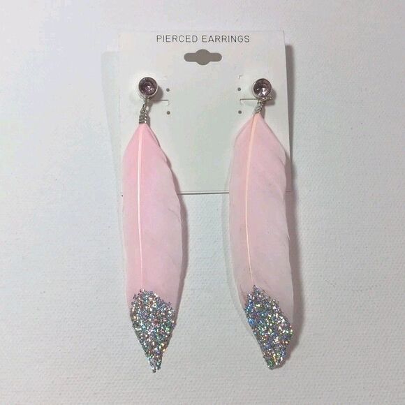 Earrings Pierced Pink Studs With Pinstones And Feathers Dipped In Glitter - Picture 1 of 2
